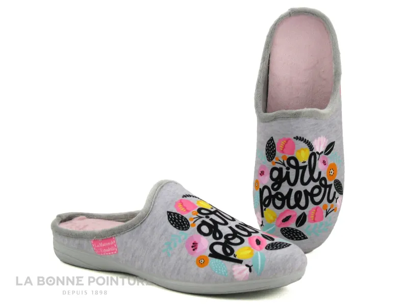 Achat chaussures La Maison de L'Espadrille Femme Pantoufle Chausson, vente Maison Espadrille 6510 Gris - GIRL POWER - Panto