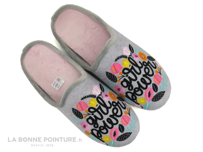 Achat chaussures La Maison de L'Espadrille Femme Pantoufle Chausson, vente Maison Espadrille 6510 Gris - GIRL POWER - Panto