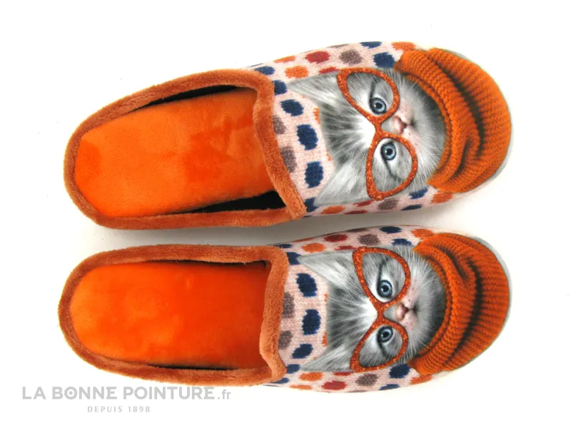 Achat chaussures La Maison de L'Espadrille Femme Pantoufle Chausson, vente Maison Espadrille 9000 Chat lunettes - Orange - 