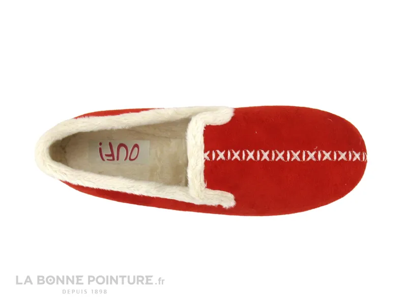 Achat chaussures Ouf ! Femme Pantoufle Chausson, vente Ouf MUSOIR Rouge - Lisere fourrure beige - Chausson Femme - Semelle soupl