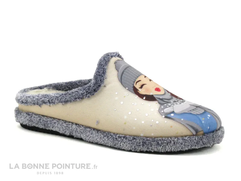 Achat chaussures Ouf ! Femme Pantoufle Chausson, vente Ouf RETRAVE Ciel - Fille avec bonnet gris - Pantoufle mule beige et grise