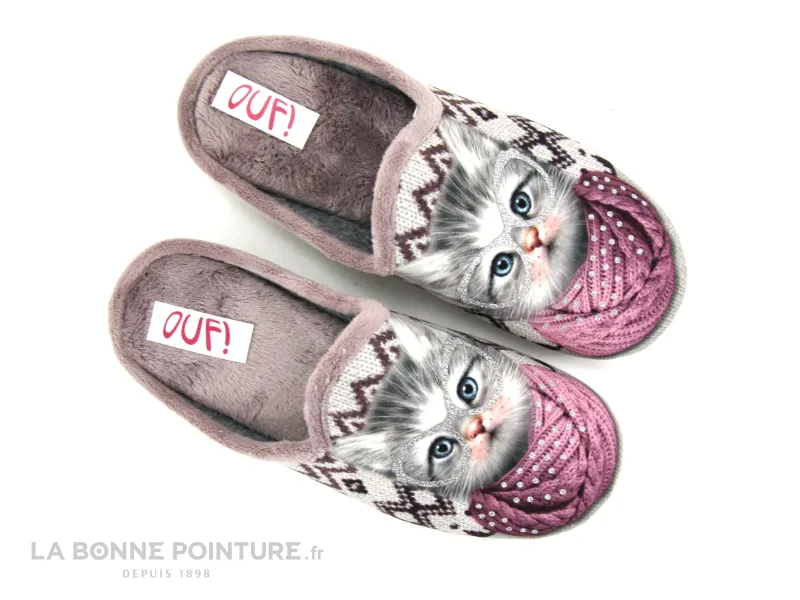 Achat chaussures Ouf ! Femme Pantoufle Chausson, vente Ouf RIBLANC Rose - Chat gris lunettes paillettes - Pantoufle mule femme