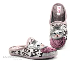 Achat chaussures Ouf ! Femme Pantoufle Chausson, vente Ouf RIBLANC Rose - Chat gris lunettes paillettes - Pantoufle mule femme