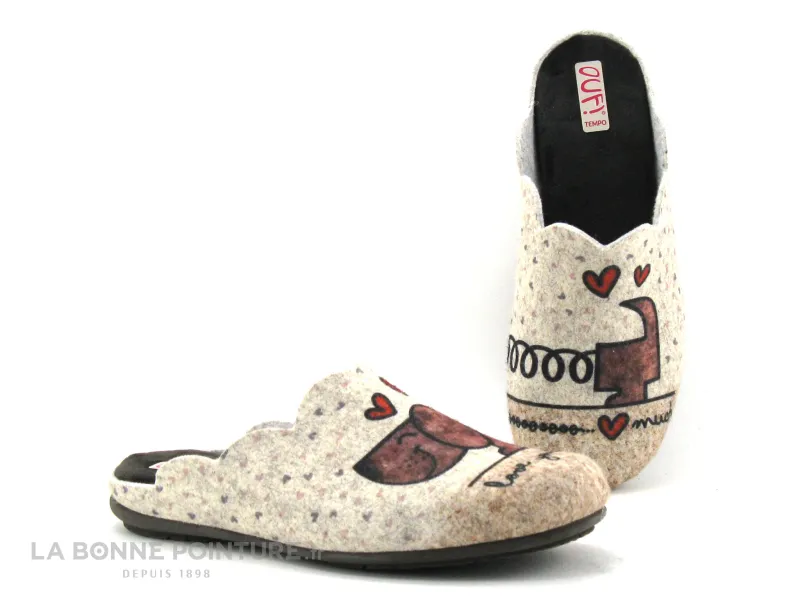 Achat chaussures Ouf ! Femme Pantoufle Chausson, vente Ouf tempo TEXIEN Marron Beige - Chien I love You - Pantoufle