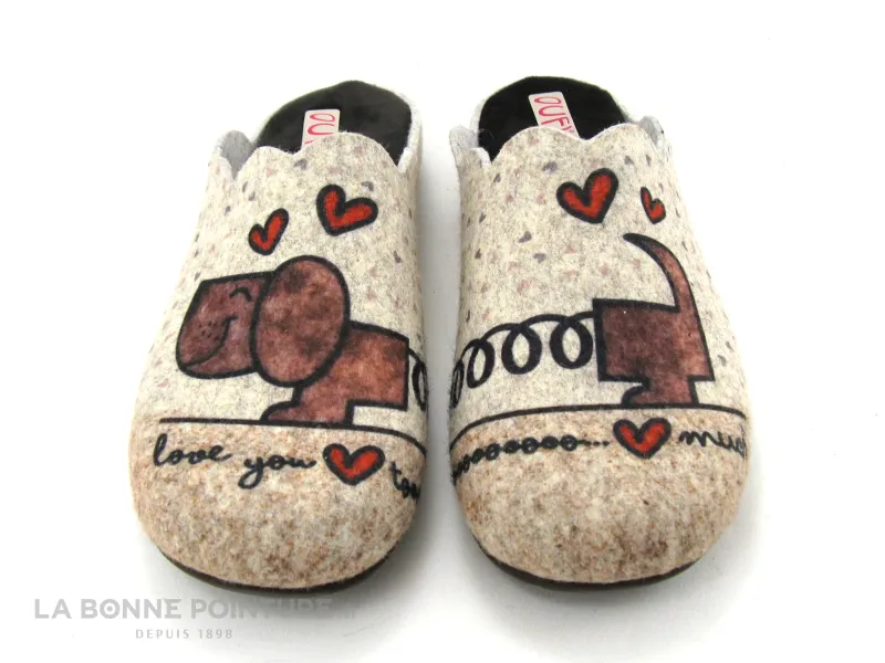 Achat chaussures Ouf ! Femme Pantoufle Chausson, vente Ouf tempo TEXIEN Marron Beige - Chien I love You - Pantoufle