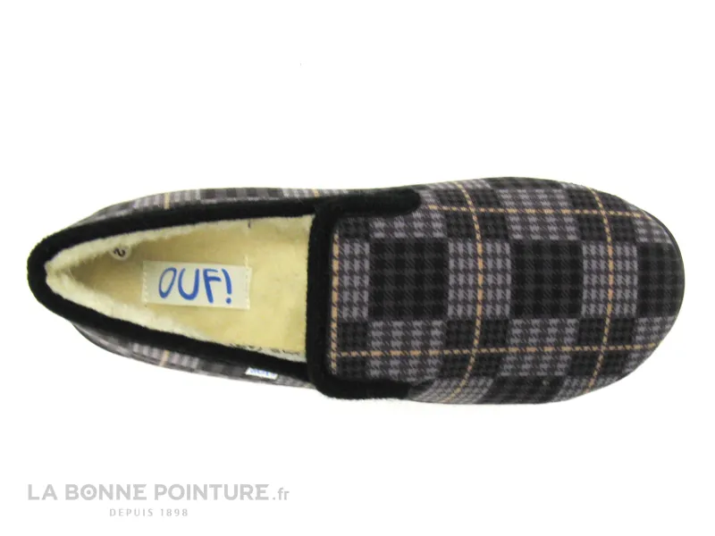 Achat chaussures Ouf ! Homme Pantoufle et Chausson, vente Ouf CIVOIRE Noir Gris - Carreaux - Charentaise Homme interieur laine