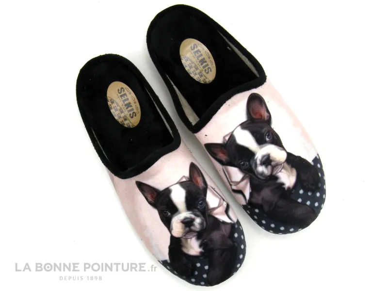 Achat chaussures Selkis Femme Pantoufle Chausson, vente Selkis 22314 Noir Rose - Bouledogue - Pantoufle Femme avec chien