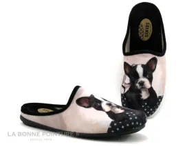 Achat chaussures Selkis Femme Pantoufle Chausson, vente Selkis 22314 Noir Rose - Bouledogue - Pantoufle Femme avec chien