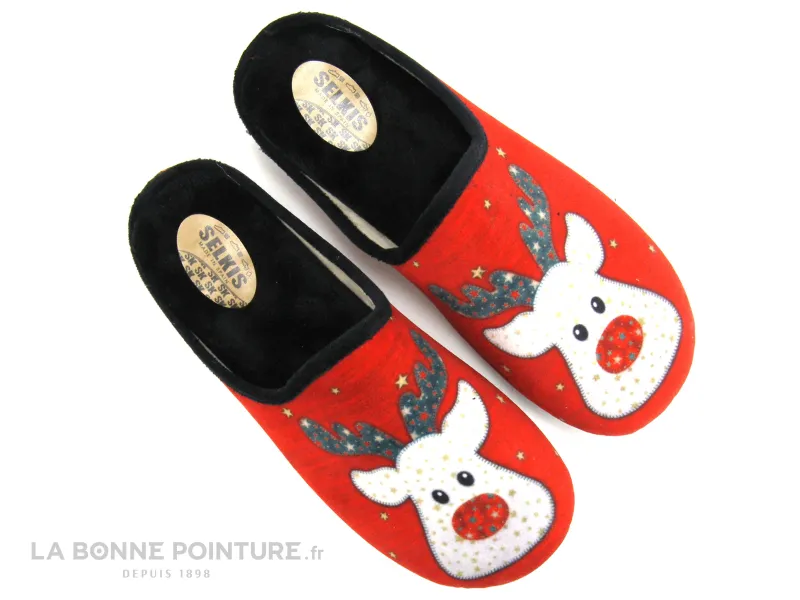 Achat chaussures Selkis Femme Pantoufle Chausson, vente Selkis 22399 Rouge - Renne et Etoiles - Pantoufle velours Femme