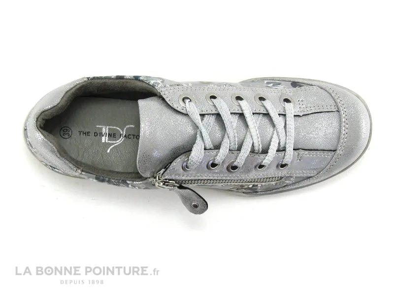 Achat chaussures The Divine Factory Femme Basket, vente The Divine Factory PO3607  - Argent Gris Fleurs - Basket Femme