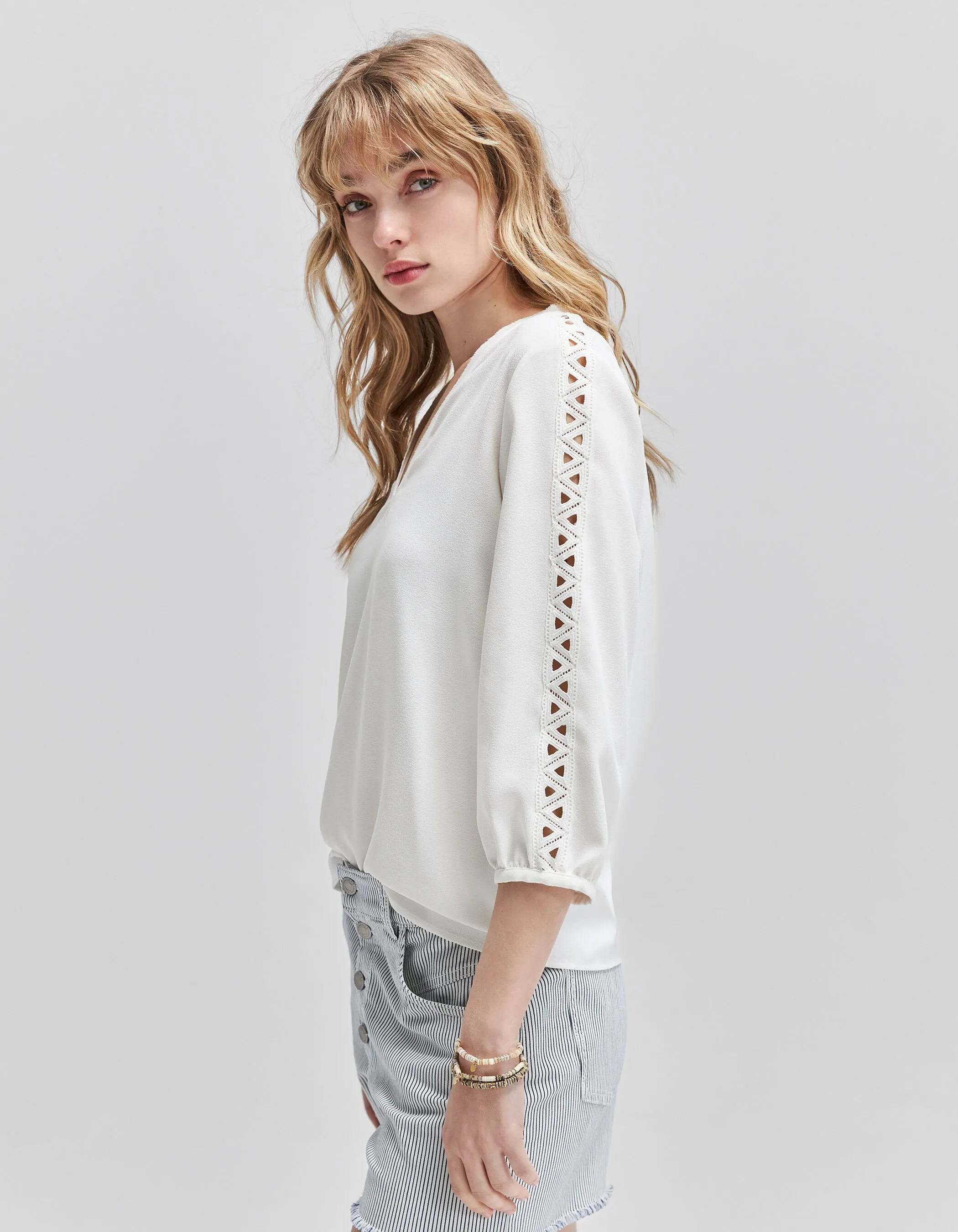 Blouse blanc cassé ganses dentelle Femme