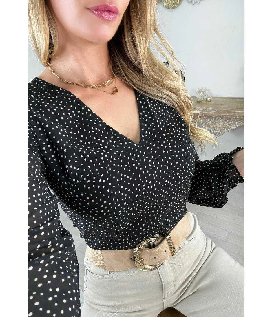 blouse fluide noire & pois beige