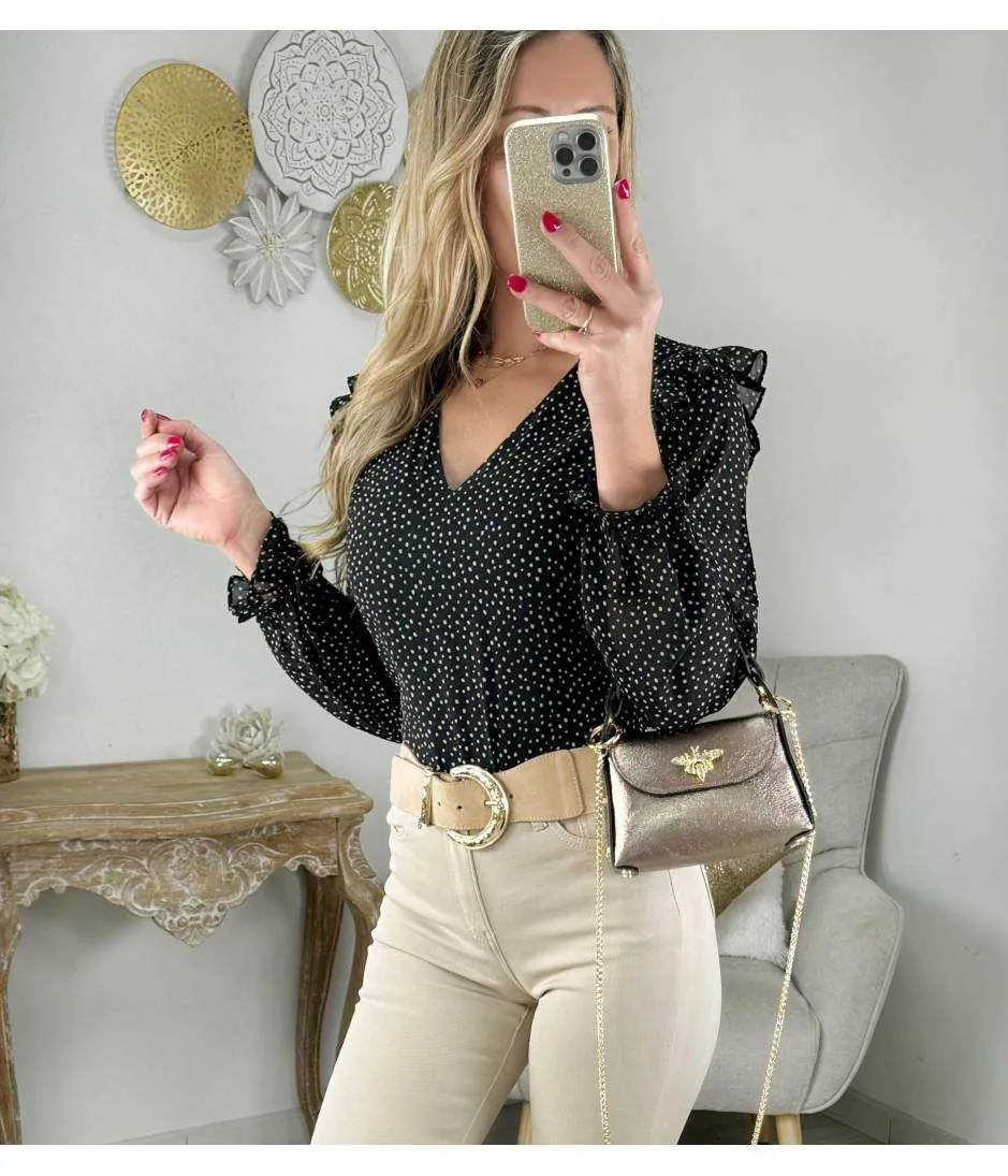 blouse fluide noire & pois beige