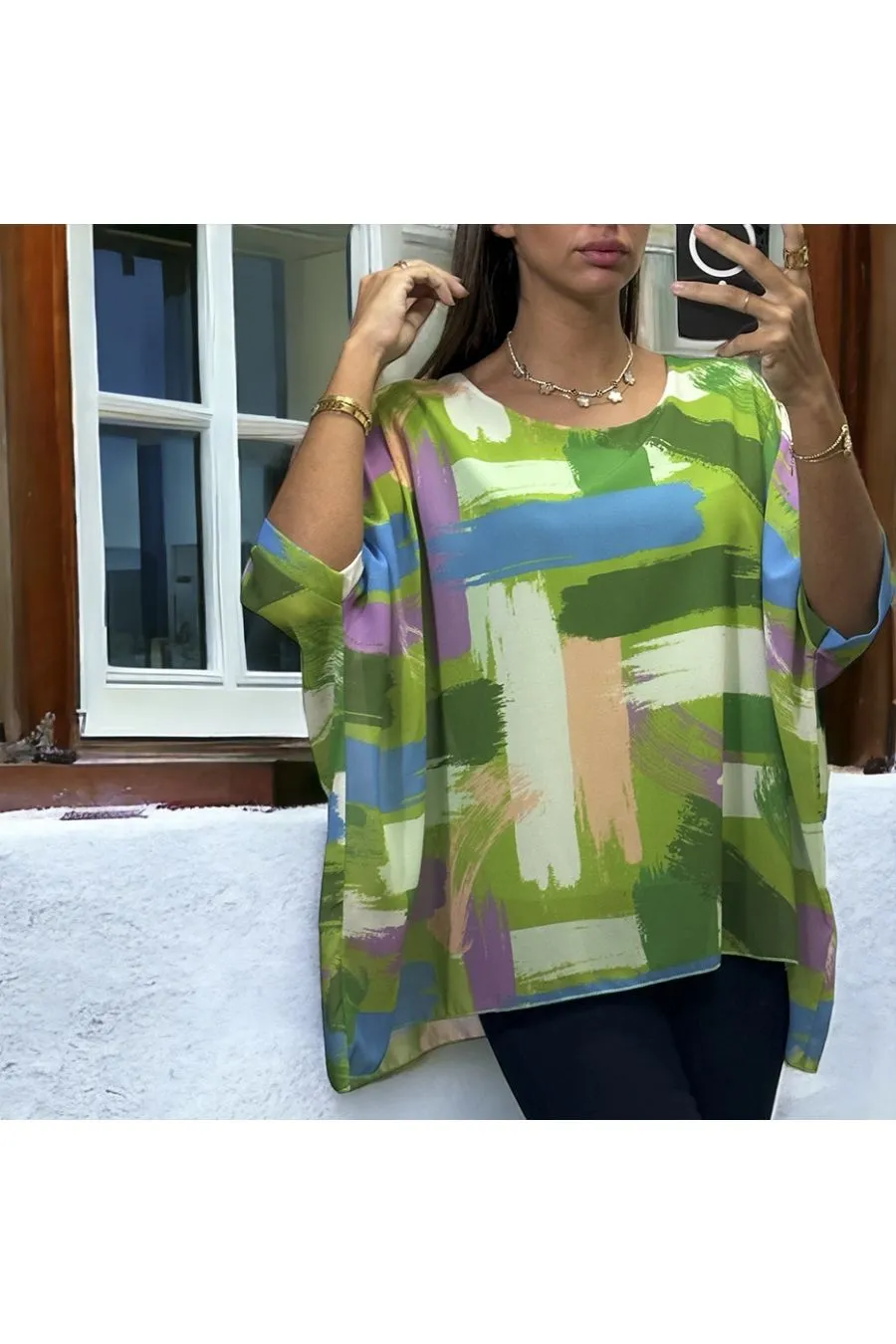 Blouse over size motif vert doublé