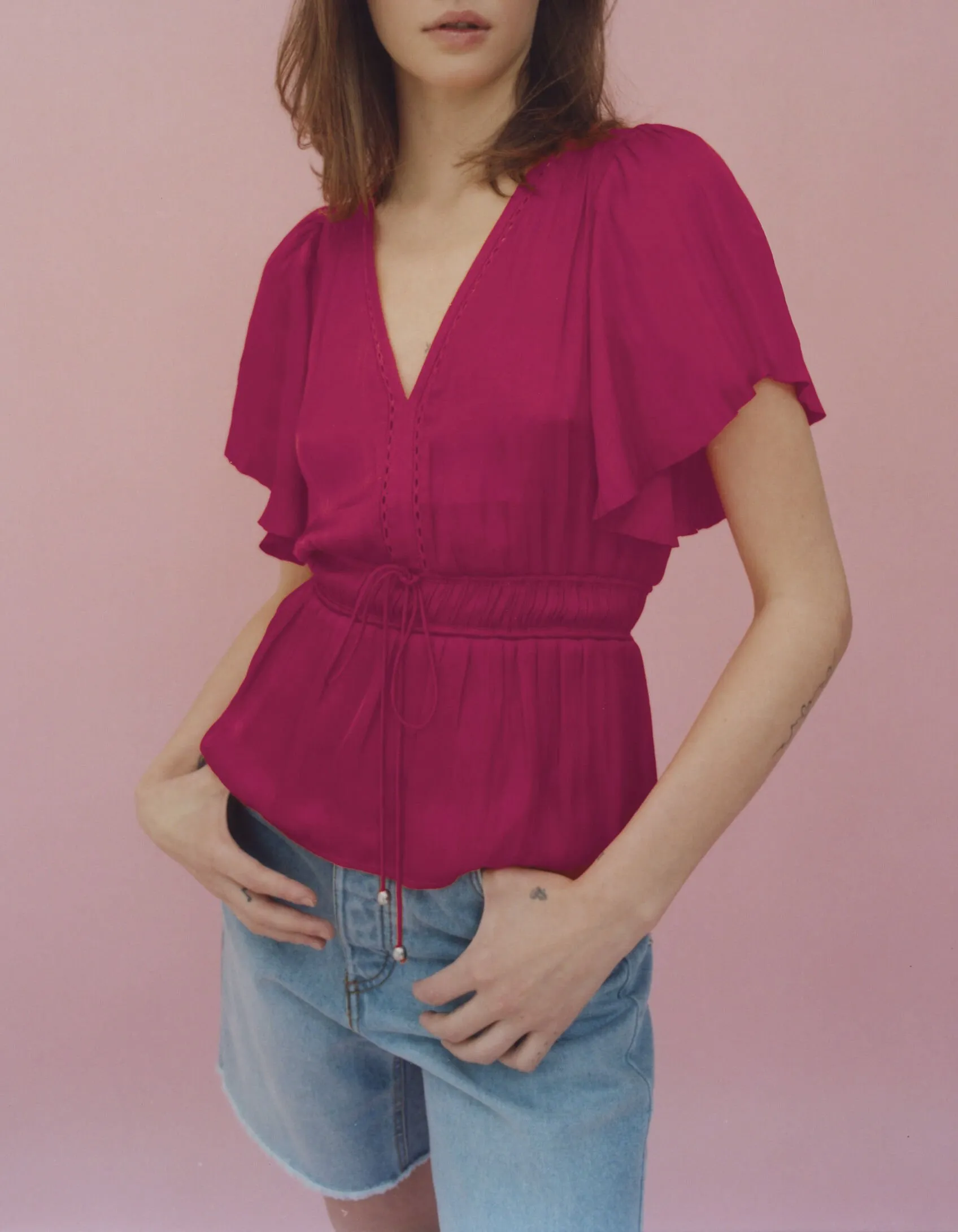 Blouse peplum fushia acidulé femme