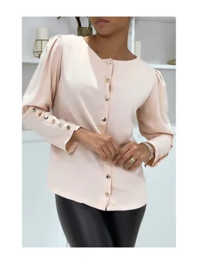 Blouse rose poudrée à boutons dorés