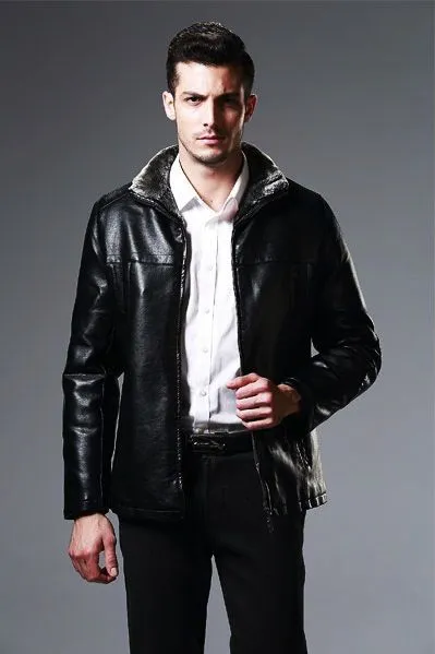 Blouson Simili Cuir Intérieur Fourrure pour Homme Col Court