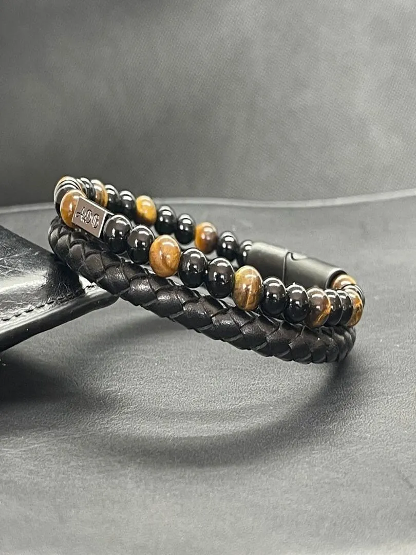 Bracelet en oeil de tigre et obsidienne - Noir