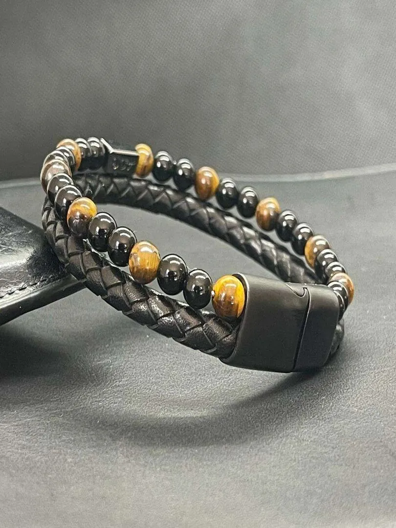 Bracelet en oeil de tigre et obsidienne - Noir