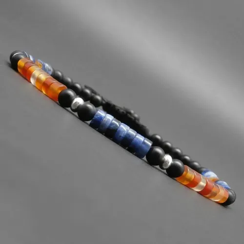 Bracelet fin homme, tressé, pierres gemmes, heishi de sodalite, cornaline naturelle, onyx mat et rondelles en argent ø 4 mm r983