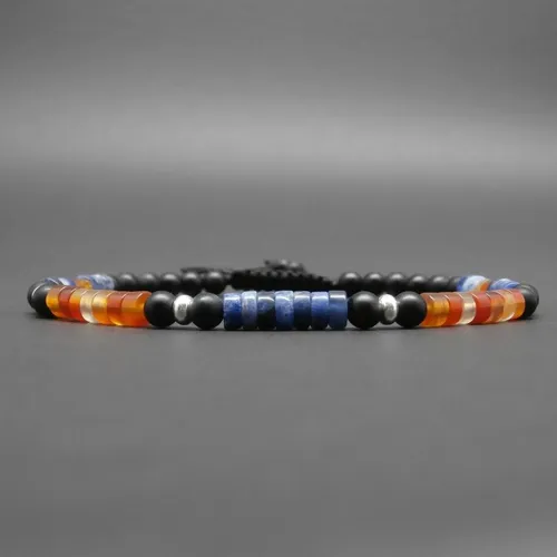 Bracelet fin homme, tressé, pierres gemmes, heishi de sodalite, cornaline naturelle, onyx mat et rondelles en argent ø 4 mm r983