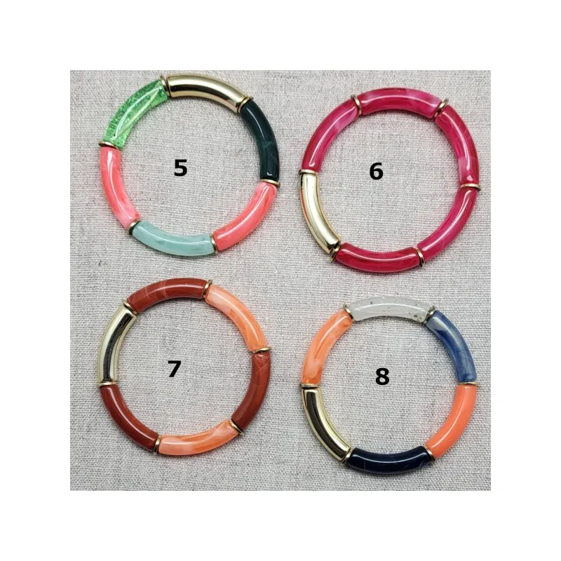 bracelet perles tubes colorées et dorées sur lien élastique ajustable