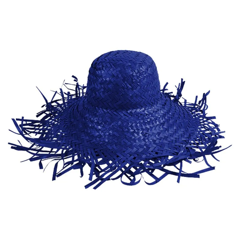 Chapeau de paille boule avec franges bleu idéal pour les fêtes