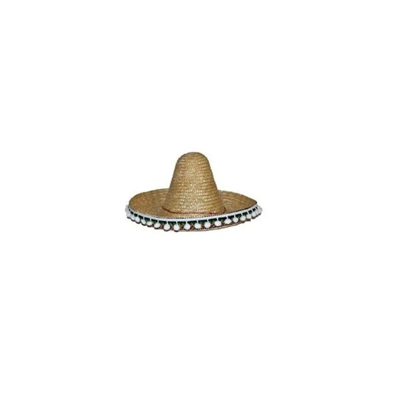 Chapeau Mexicain Sombrero en Paille avec Pompons Blanc