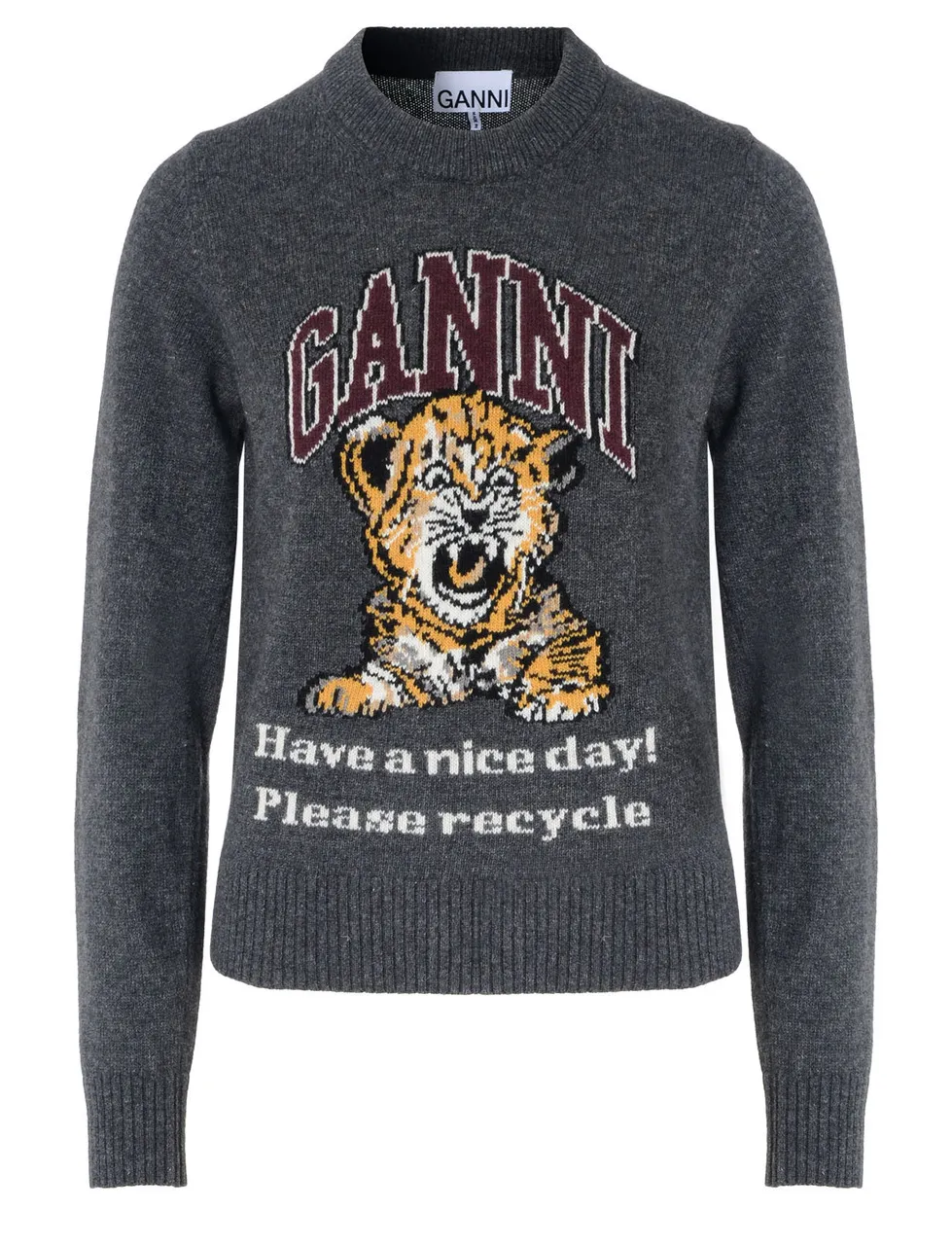 Ganni Pull gris foncé avec motif tigre