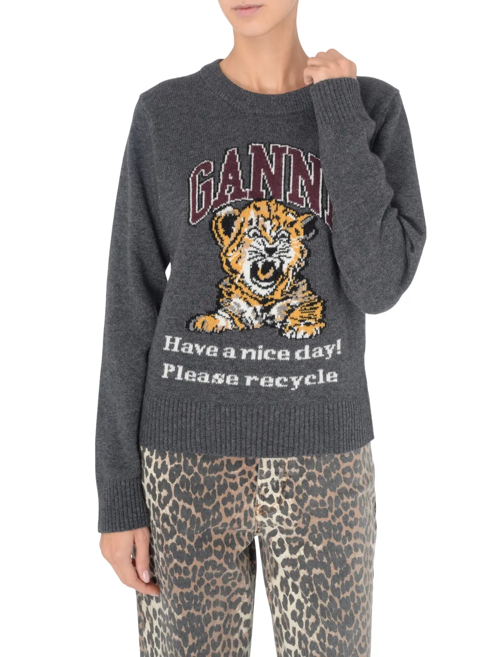 Ganni Pull gris foncé avec motif tigre