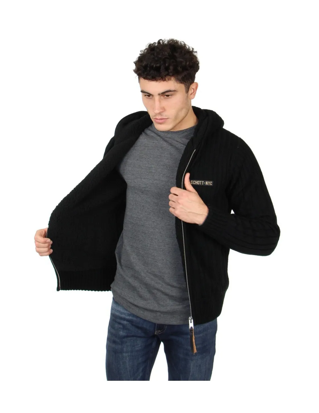 Gros Pull Capuche zippe Schott ref 44637 Noir