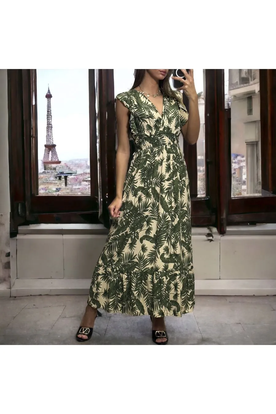 Longue robe motif feuille verte croisé et froncé à la taille