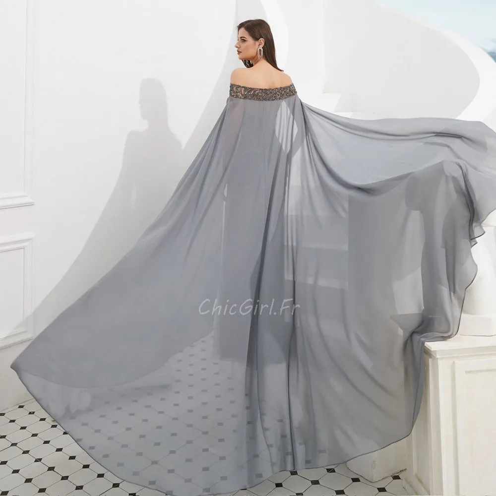 Magnifique Robe De Soirée Sirène Grise Perle Avec Cape Mousseline Fluide