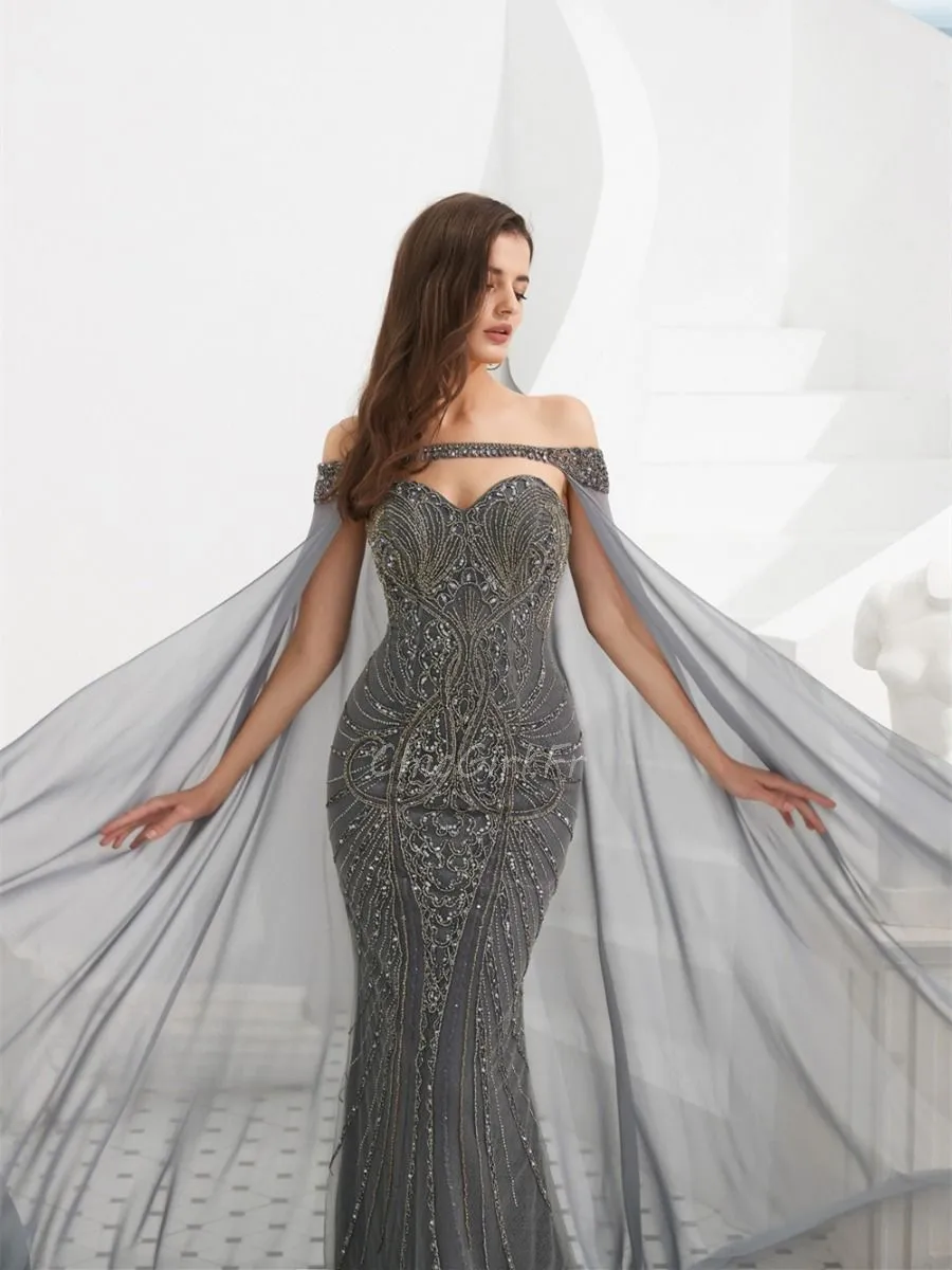 Magnifique Robe De Soirée Sirène Grise Perle Avec Cape Mousseline Fluide