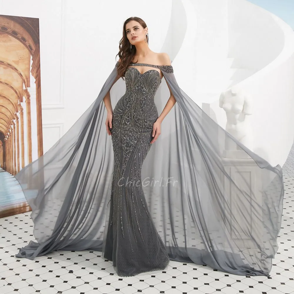 Magnifique Robe De Soirée Sirène Grise Perle Avec Cape Mousseline Fluide