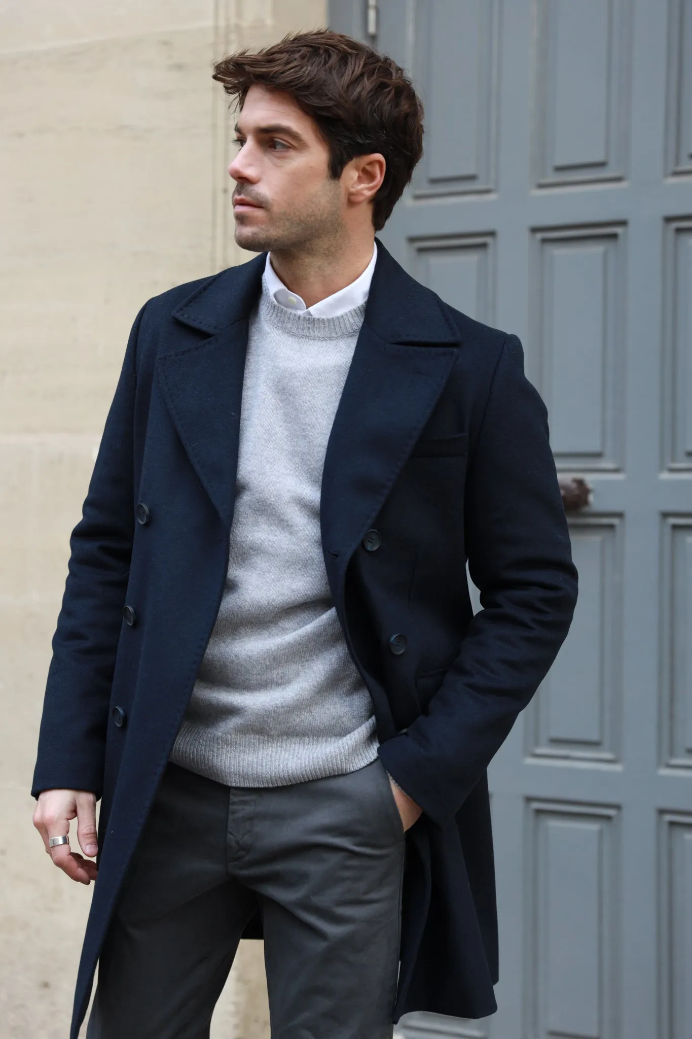 Manteau croisé en laine & cachemire - Marine