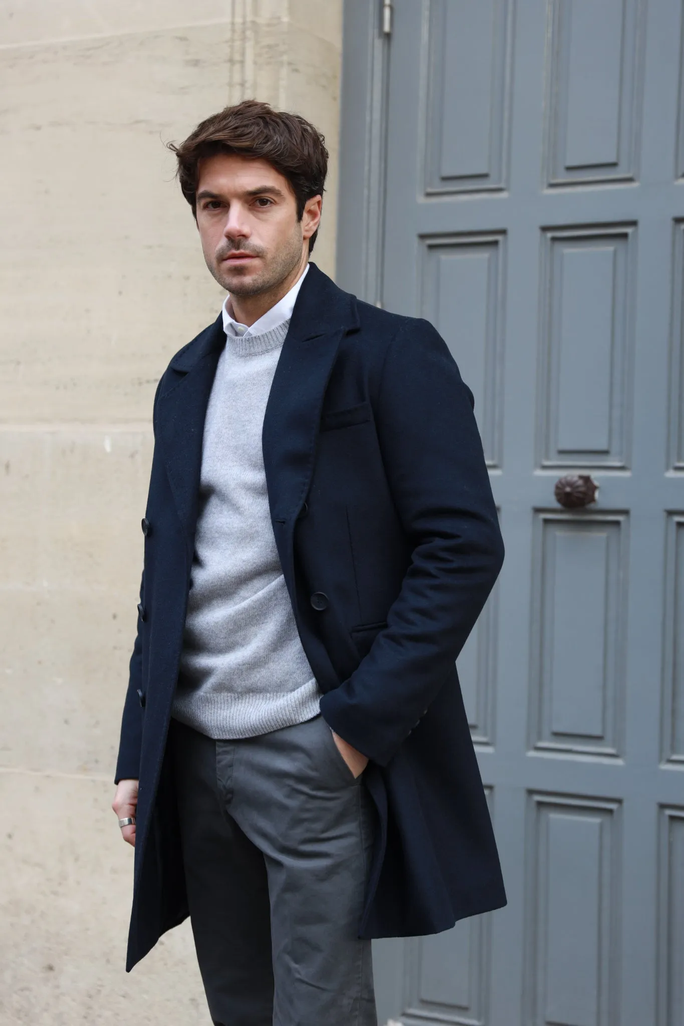 Manteau croisé en laine & cachemire - Marine