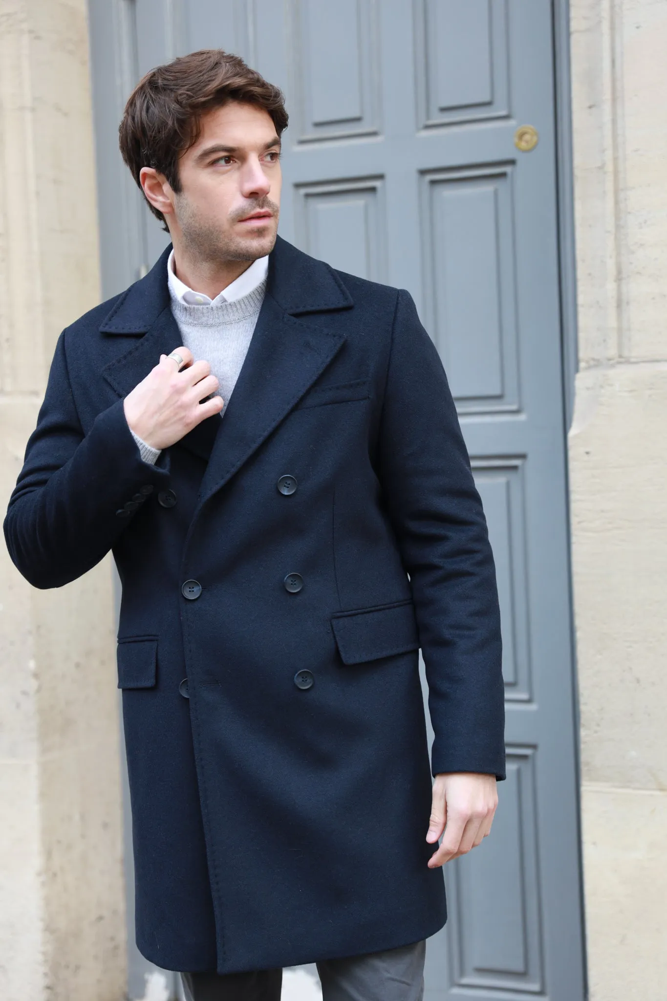 Manteau croisé en laine & cachemire - Marine