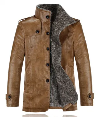 Manteau Cuir Homme avec Fourrure Intérieur Mi Long Tendance Hiver