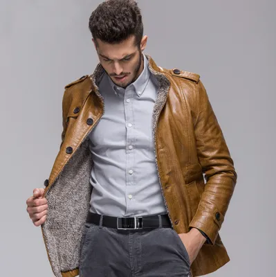 Manteau Cuir Homme avec Fourrure Intérieur Mi Long Tendance Hiver