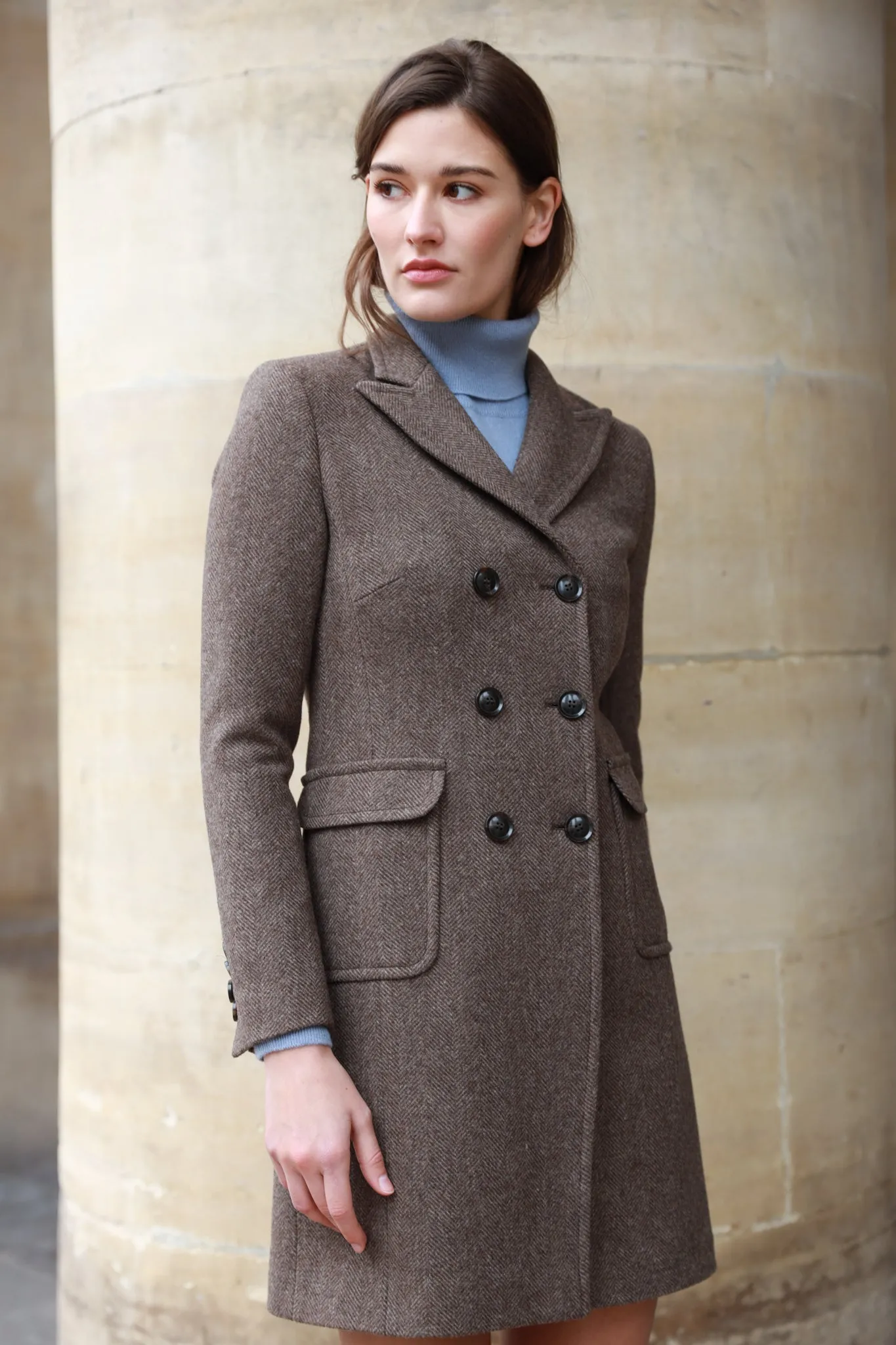 Manteau Emilie croisé en laine - Chevron Marron