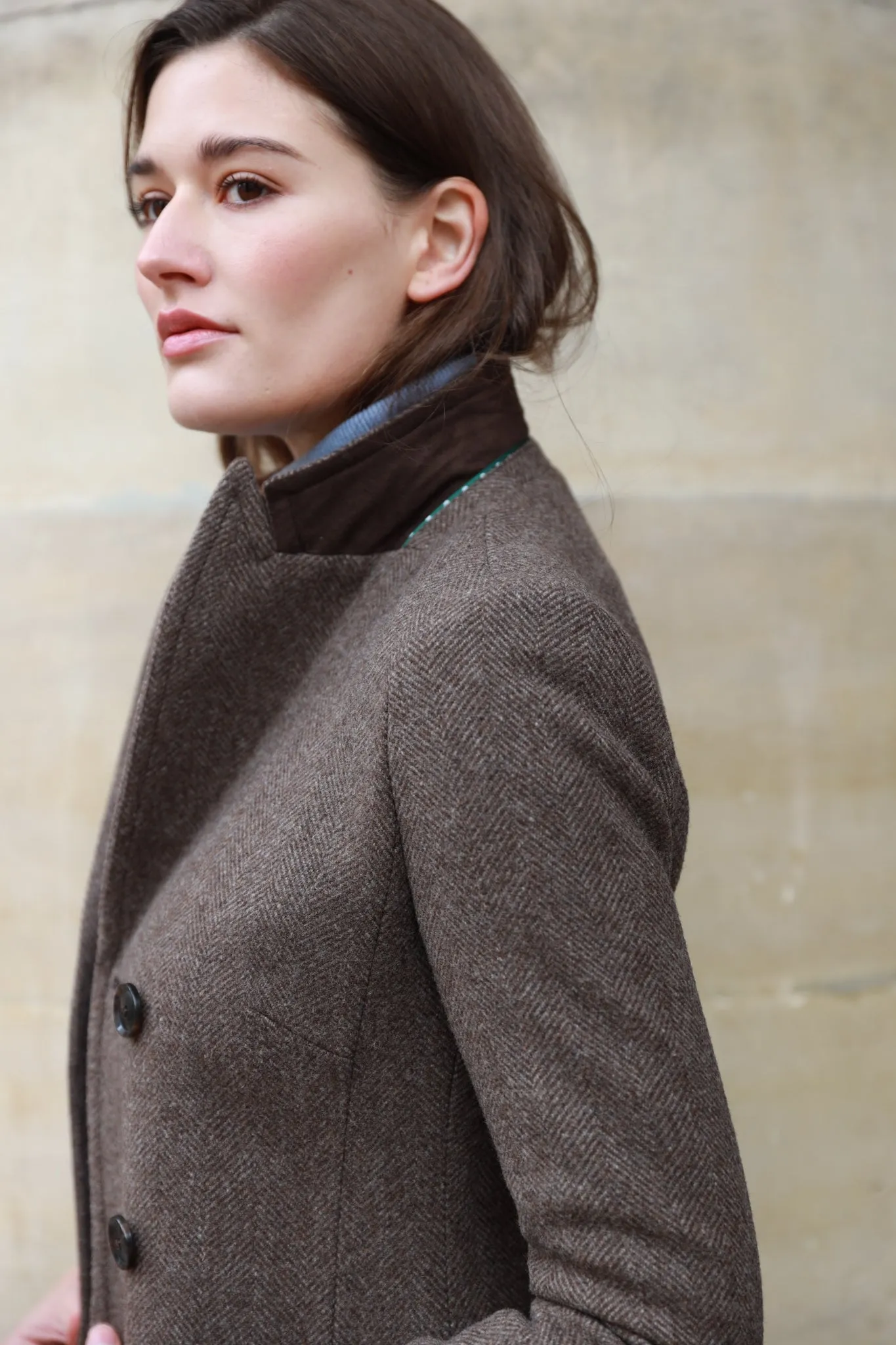 Manteau Emilie croisé en laine - Chevron Marron