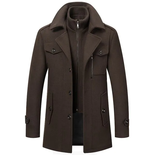 Manteau hiver en laine à double col de longueur moyenne pour homme