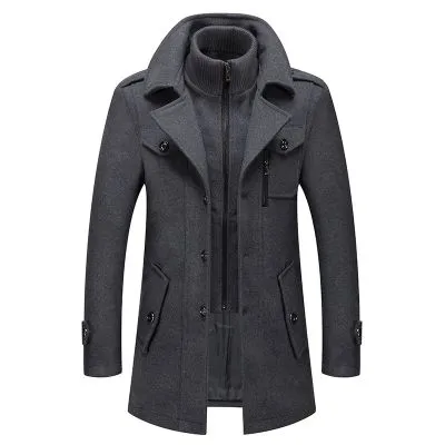 Manteau hiver en laine à double col de longueur moyenne pour homme