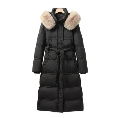 Manteau long en duvet avec col en fourrure pour femme