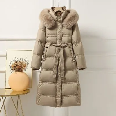 Manteau long en duvet avec col en fourrure pour femme