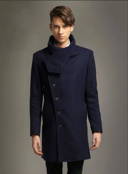 Manteau Long en Laine Homme Fermeture Bouton Décalée Col Haut