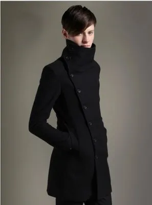 Manteau Long en Laine Homme Fermeture Bouton Décalée Col Haut