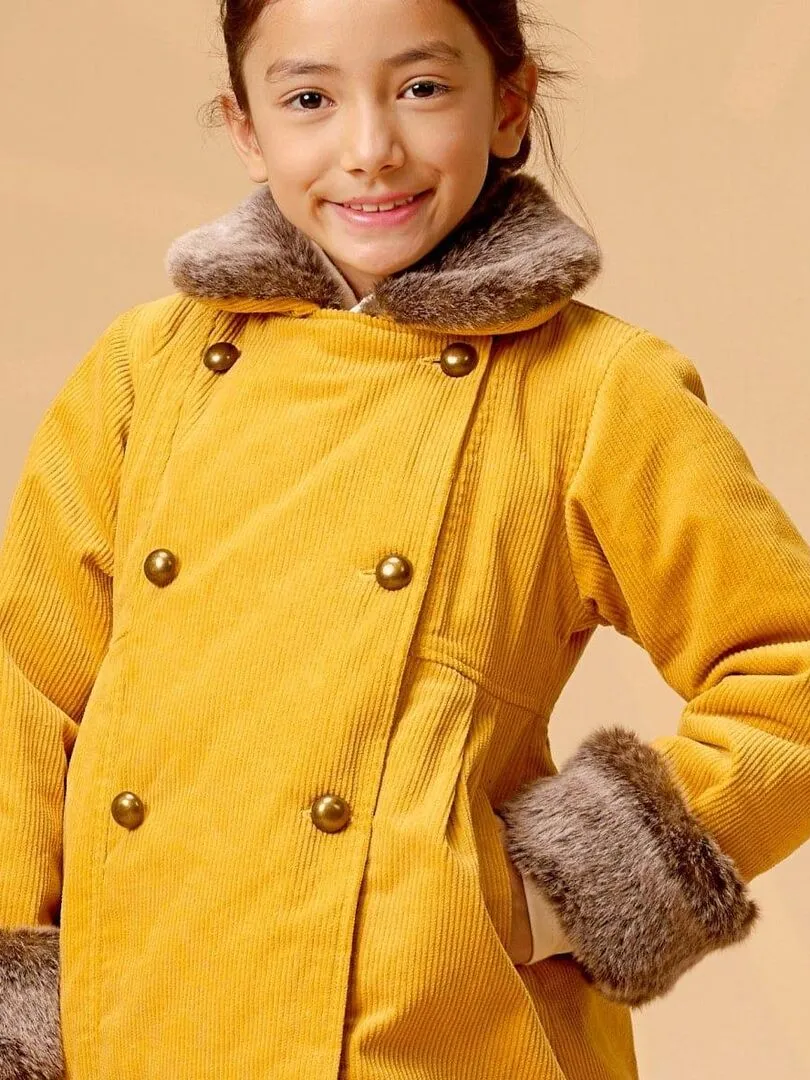 Manteau Long Fille  Velours Jaune  Col Fausse Fourrure  ANOUSHKA - La Faute à Voltaire - Jaune