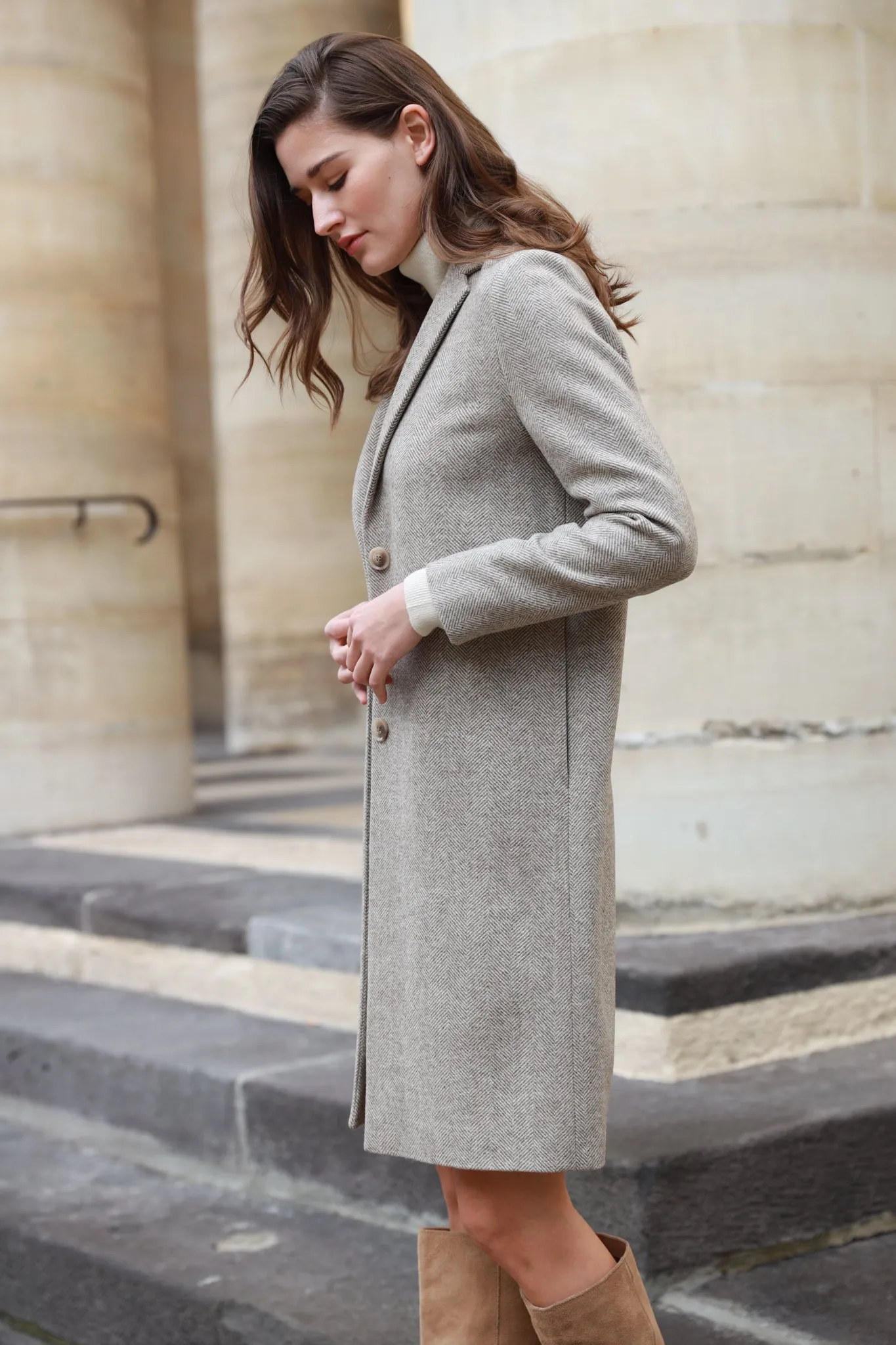 Manteau Léontine en Laine à chevron - Beige